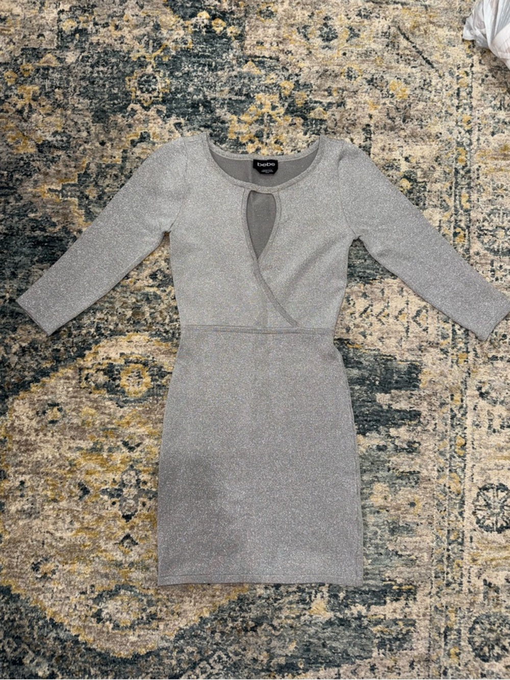 bebe Silver Shimmer Long Sleeve Dress with Keyhole